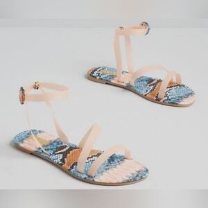 Qupid Peach Ankle-Strap Sandals with Blue Snake-Print Footbed